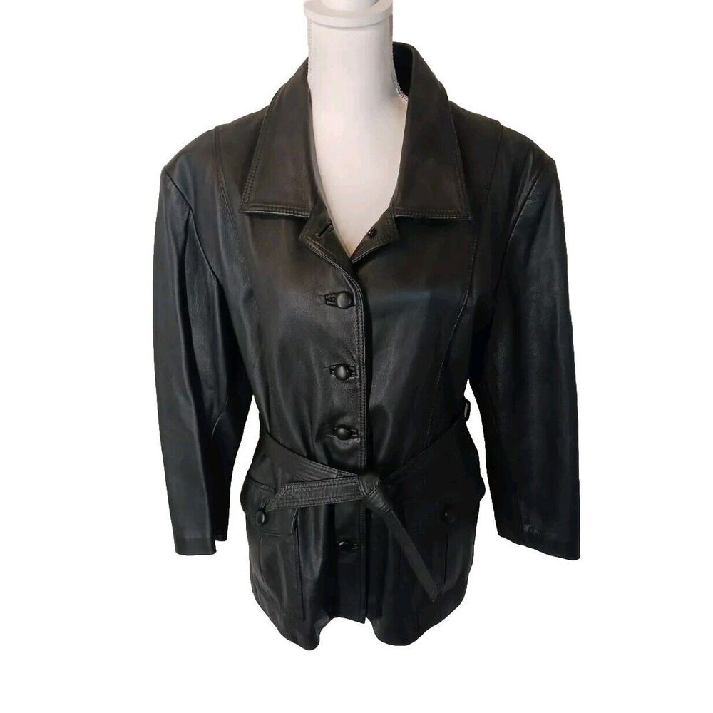 Vintage Y2K Black Leather Jacket Women's Size Large Belted Lined